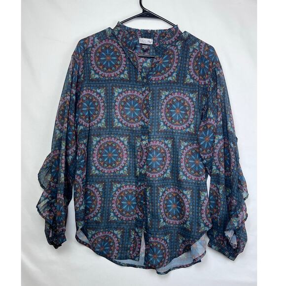 Tasha Polizzi Womens Med Blue Sheer Geo Print Long Sleeve Button Up Blouse - Picture 1 of 8